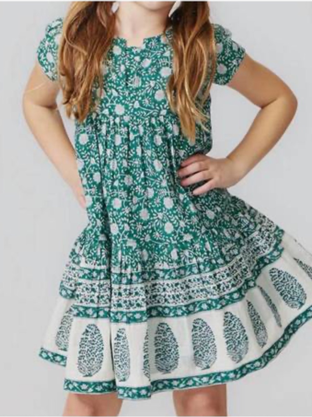 Pink Chicken Girls Green Printed Tiered Dress